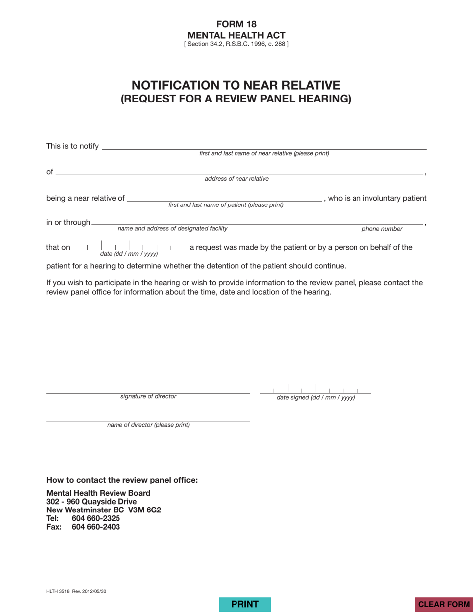 Form 18 (HLTH3518) Notification to Near Relative (Request for a Review Panel Hearing) - British Columbia, Canada, Page 1
