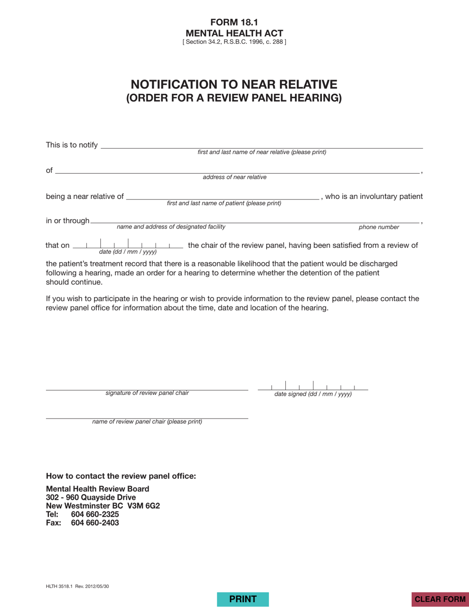 Form 18.1 (HLTH3518.1) Notification to Near Relative (Order for a Review Panel Hearing) - British Columbia, Canada, Page 1