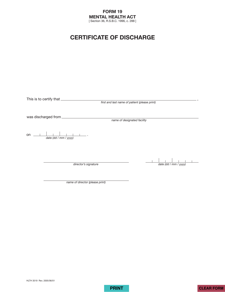 Form 19 (HLTH3519) Certificate of Discharge - British Columbia, Canada, Page 1