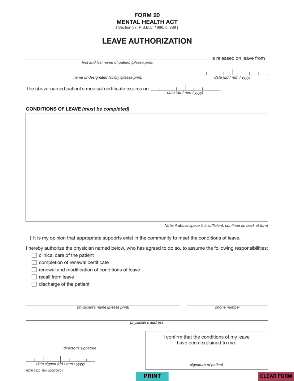 Form 20 (HLTH3520) Leave Authorization - British Columbia, Canada, Page 1