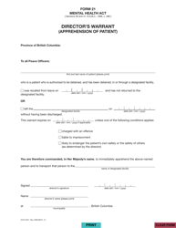 Form 21 (HLTH3521) Director's Warrant (Apprehension of Patient) - British Columbia, Canada