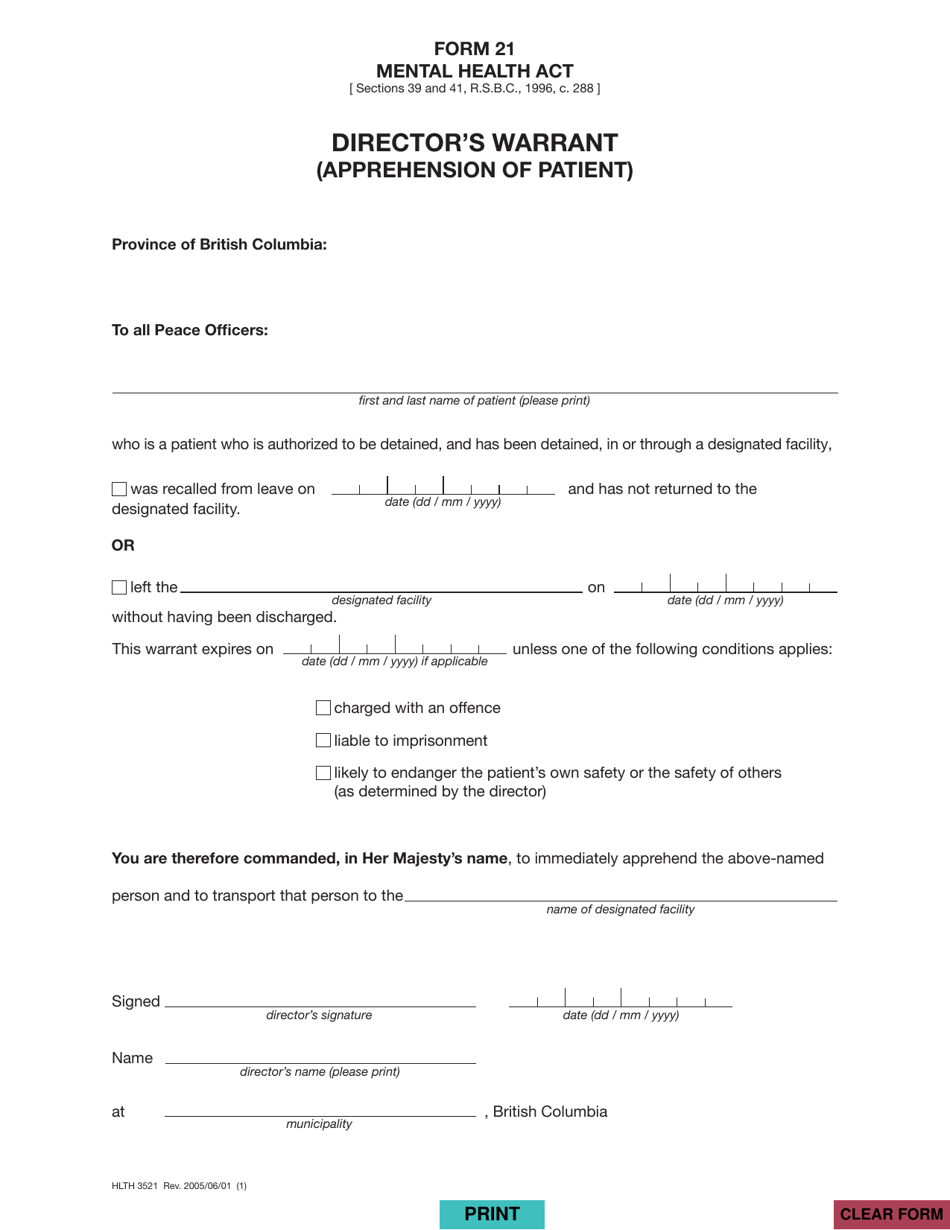 Form 21 (HLTH3521) Directors Warrant (Apprehension of Patient) - British Columbia, Canada, Page 1