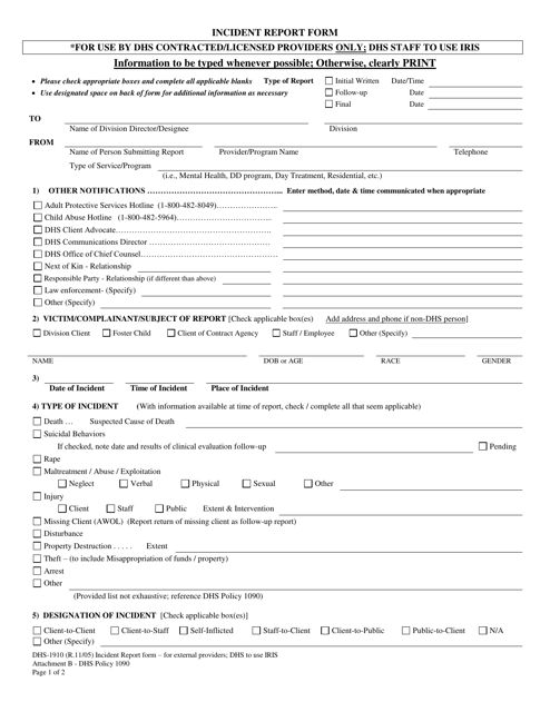 Form DHS-1910 Attachment B Incident Report Form - Arkansas