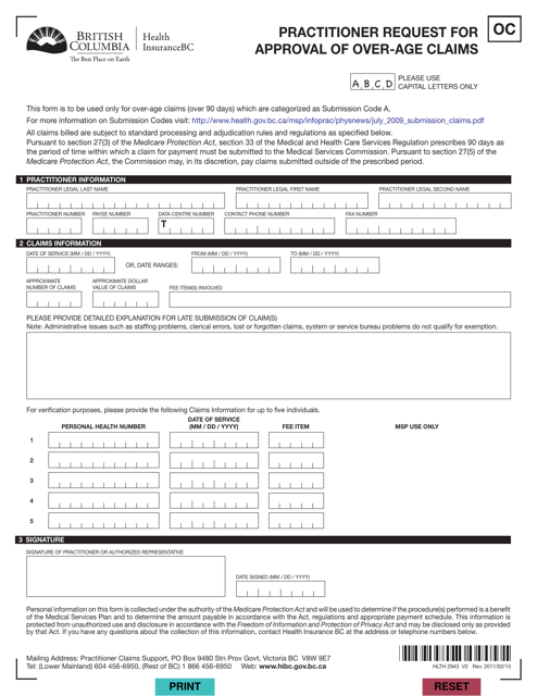 Form HLTH2943 Practitioner Request for Approval of Over-age Claims - British Columbia, Canada