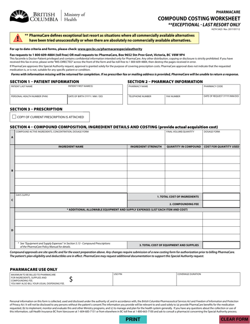 Form HLTH5425 Compound Costing Worksheet - British Columbia, Canada