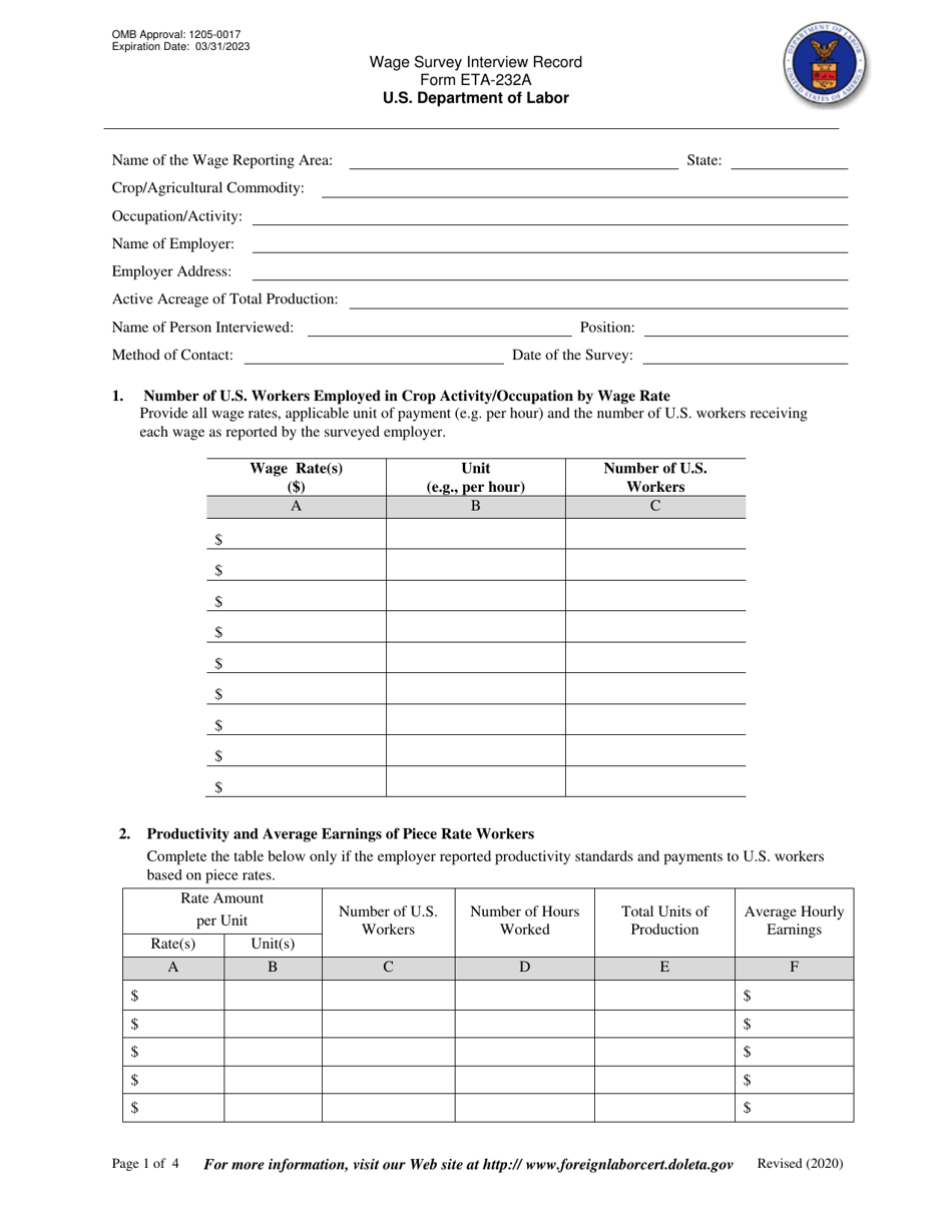 Form ETA-232A Wage Survey Interview Record, Page 1