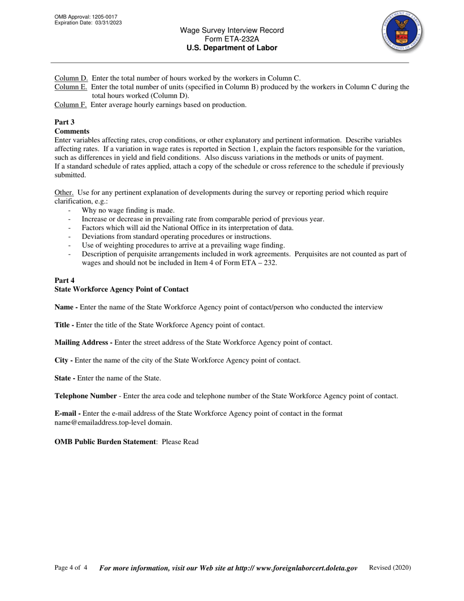 Form ETA-232A Wage Survey Interview Record, Page 4