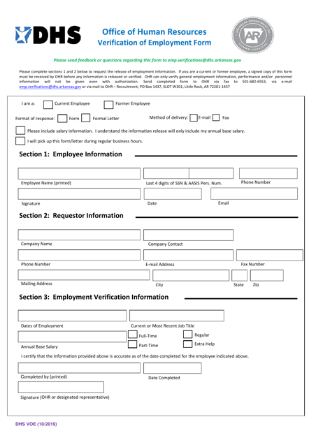 Form DHS VOE  Printable Pdf