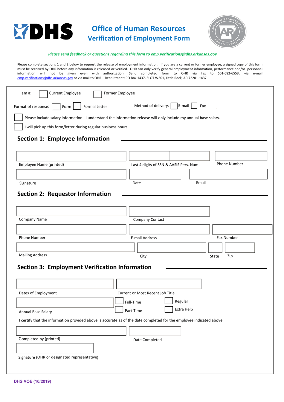 Form DHS VOE Verification of Employment Form - Arkansas, Page 1