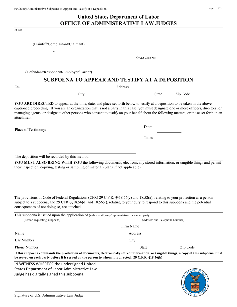 Administrative Subpoena to Appear and Testify at a Deposition, Page 1