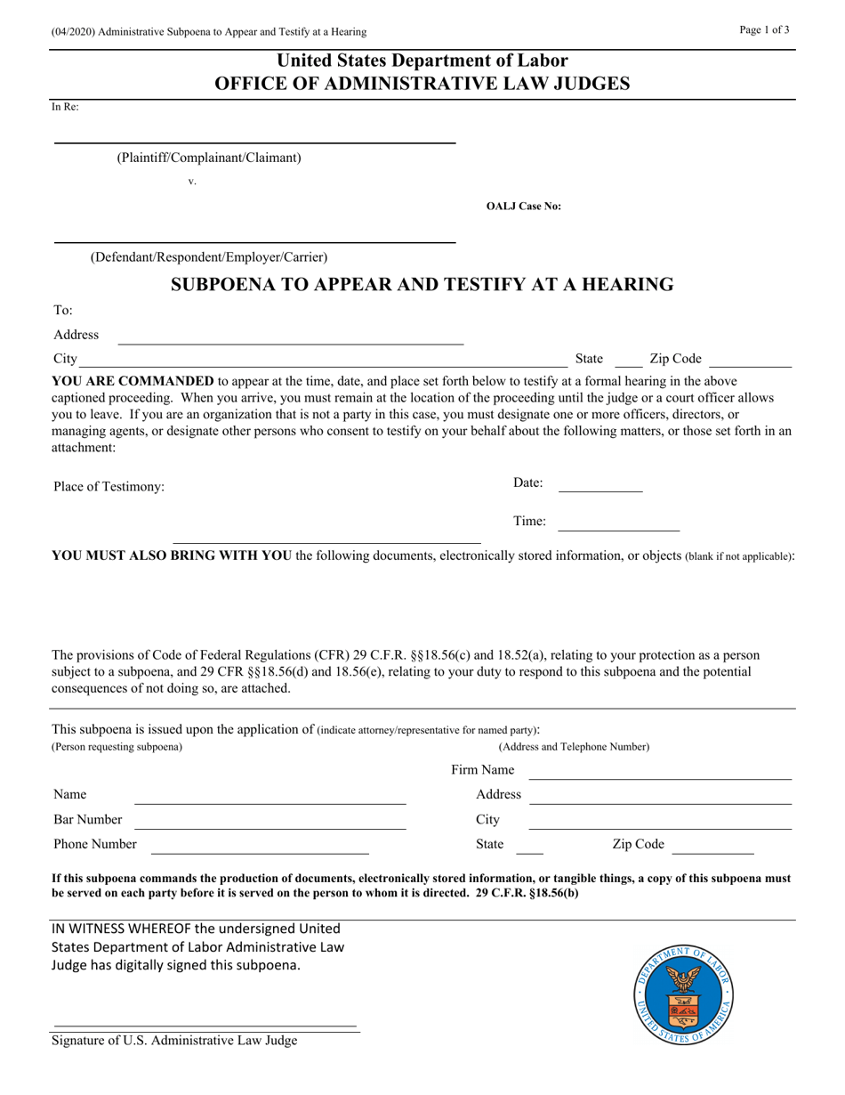 Administrative Subpoena to Appear and Testify at a Hearing, Page 1