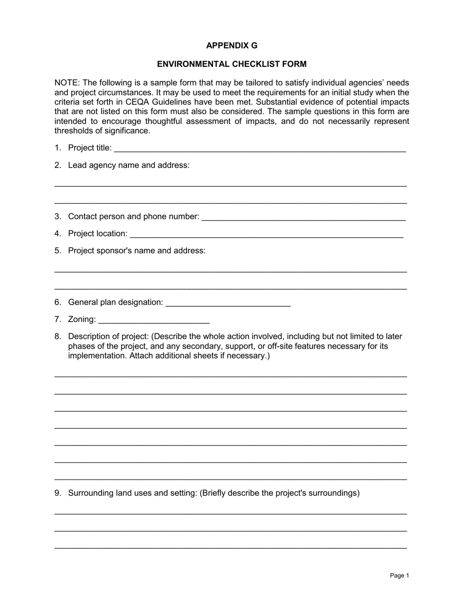 Appendix G Environmental Checklist Form - California, Page 1