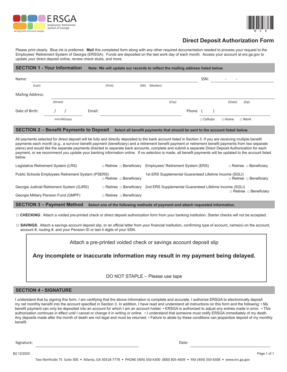 Direct Deposit Authorization Form - Georgia (United States), Page 1
