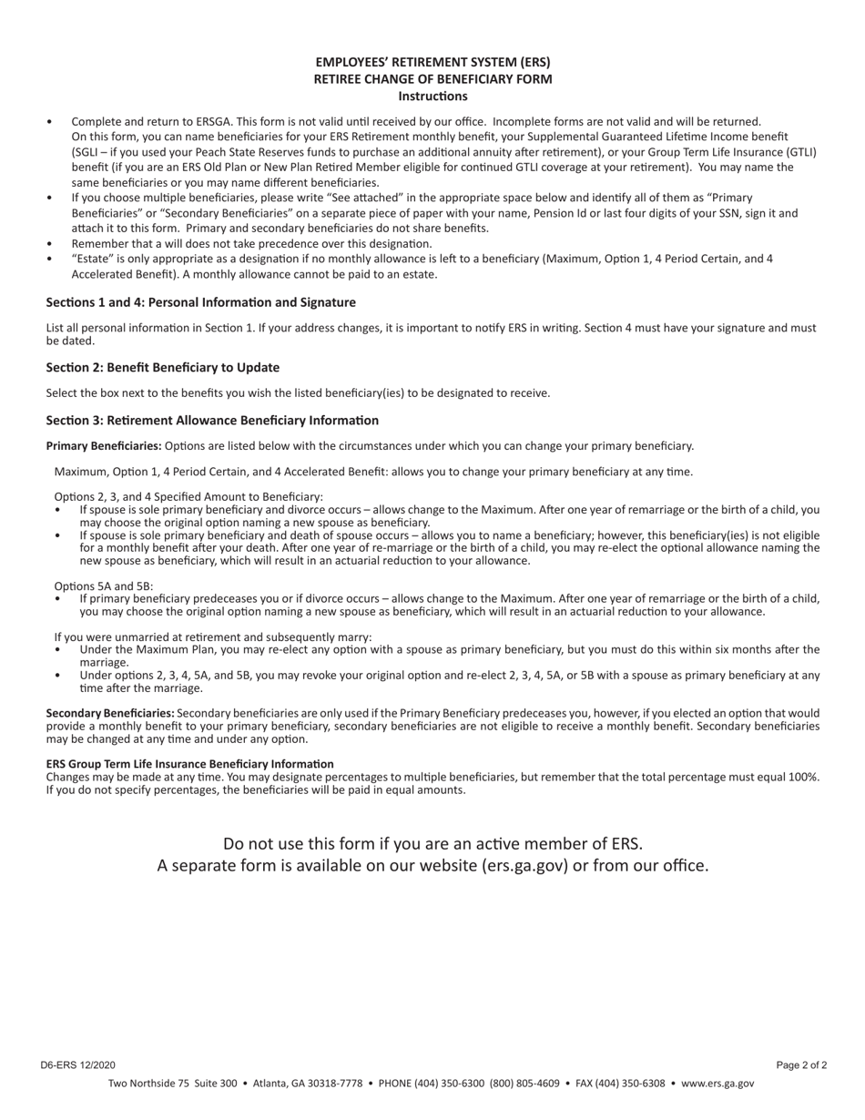 Form D6-ERS Change of Beneficiary Form - Ers Retirees - Georgia (United States), Page 2