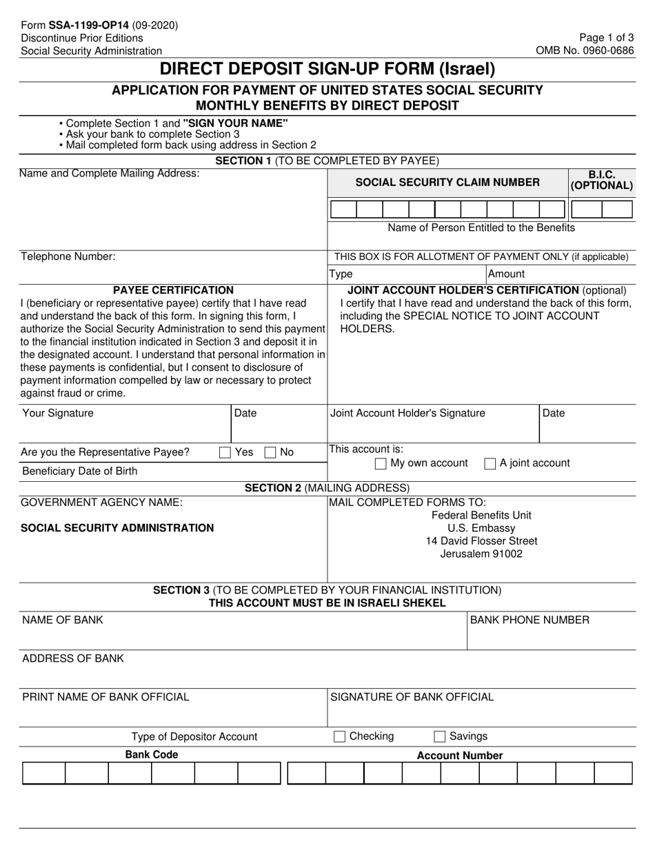 Form SSA-1199-OP14 Direct Deposit Sign-Up Form (Israel), Page 1
