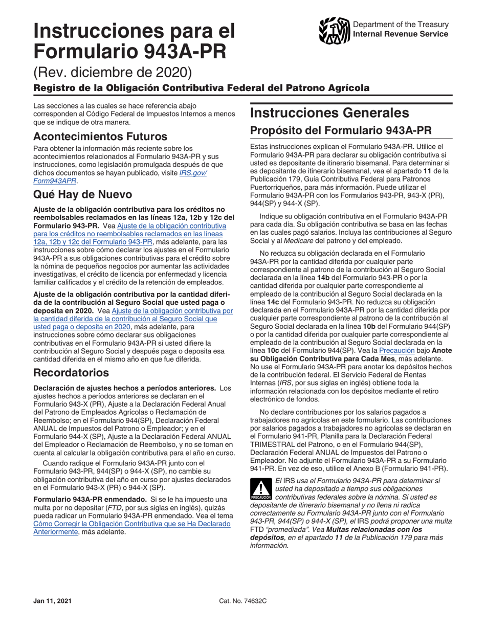 Instrucciones para IRS Formulario 943A-PR Registro De La Obligacion Contributiva Federal Del Patrono Agricola (Puerto Rican Spanish), Page 1