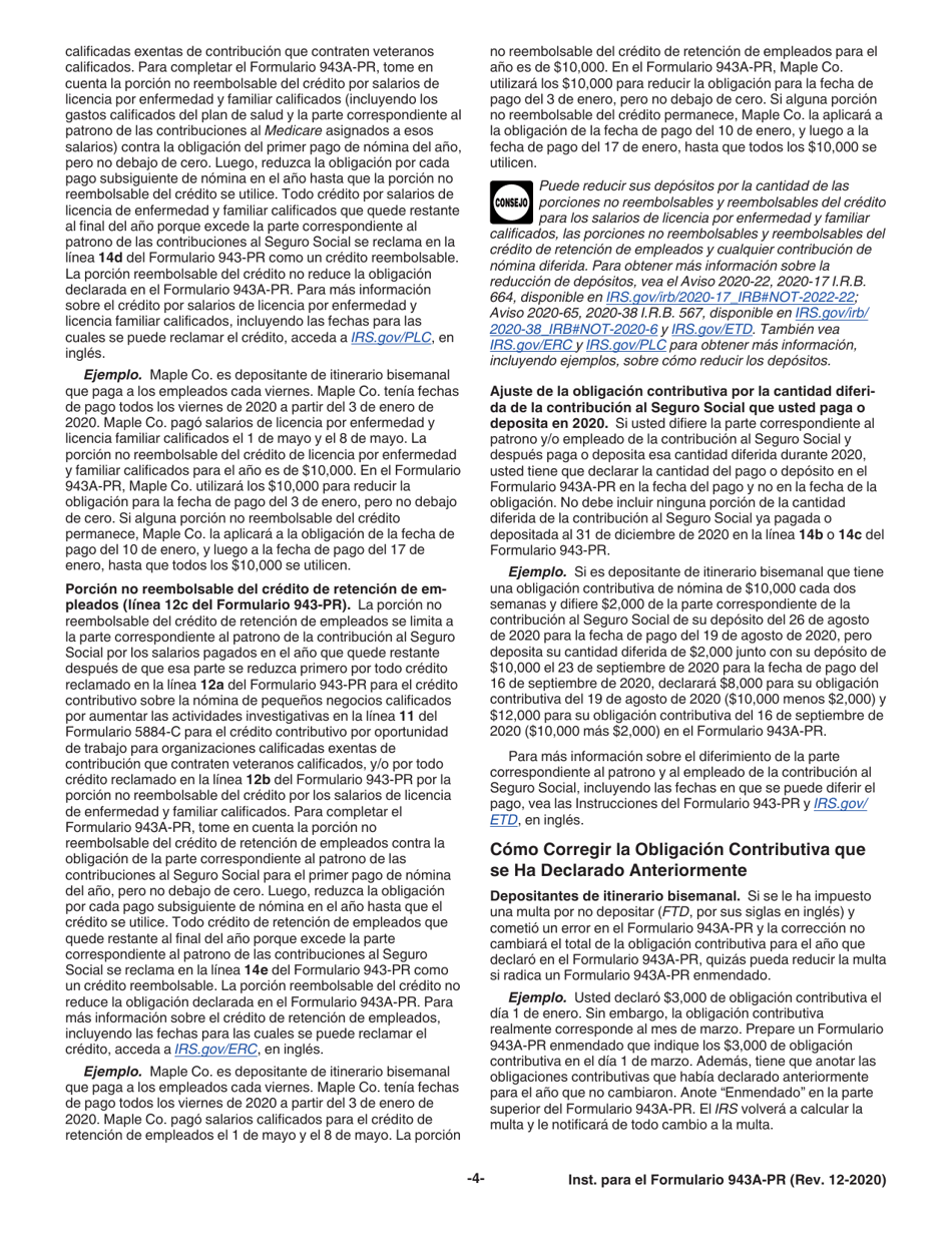 Instrucciones para IRS Formulario 943A-PR Registro De La Obligacion Contributiva Federal Del Patrono Agricola (Puerto Rican Spanish), Page 4