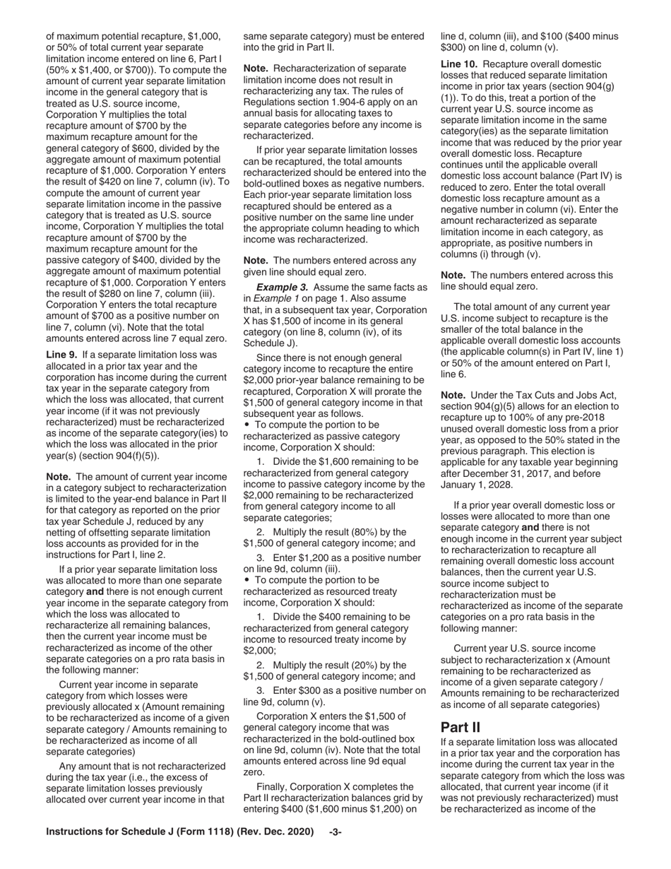 Instructions for IRS Form 1118 Schedule J Adjustments to Separate Limitation Income (Loss) Categories for Determining Numerators of Limitation Fractions, Year-End Recharacterization Balances, and Overall Foreign and Domestic Loss Account Balances, Page 3