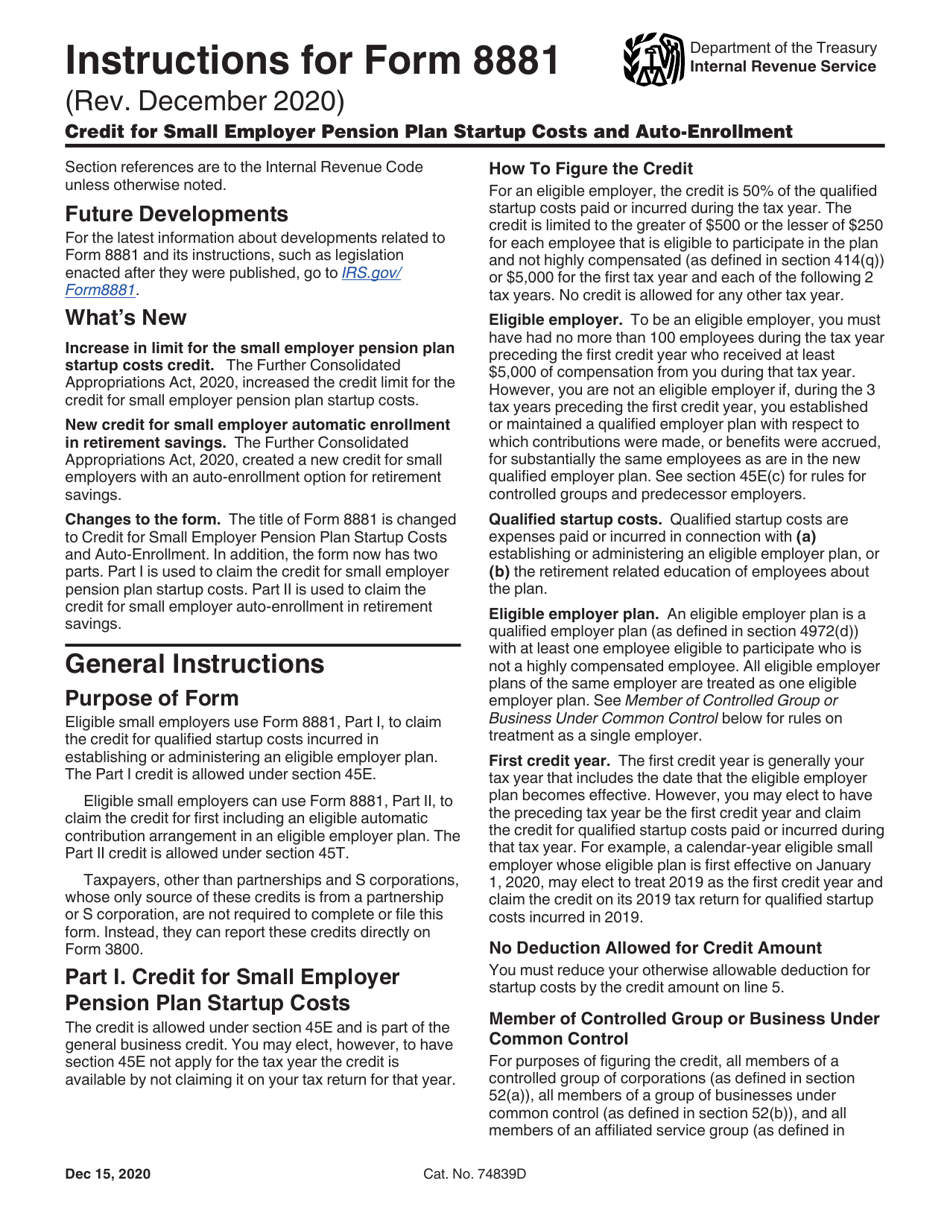 Instructions for IRS Form 8881 Credit for Small Employer Pension Plan Startup Costs and Auto-enrollment, Page 1