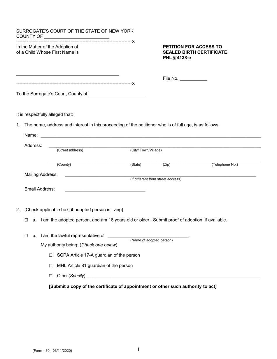Form 30 Petition for Access to Sealed Birth Certificate - New York, Page 1