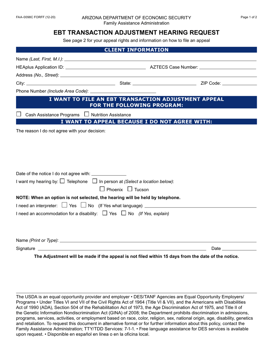 Form FAA-0098C Ebt Transaction Adjustment Hearing Request - Arizona, Page 1