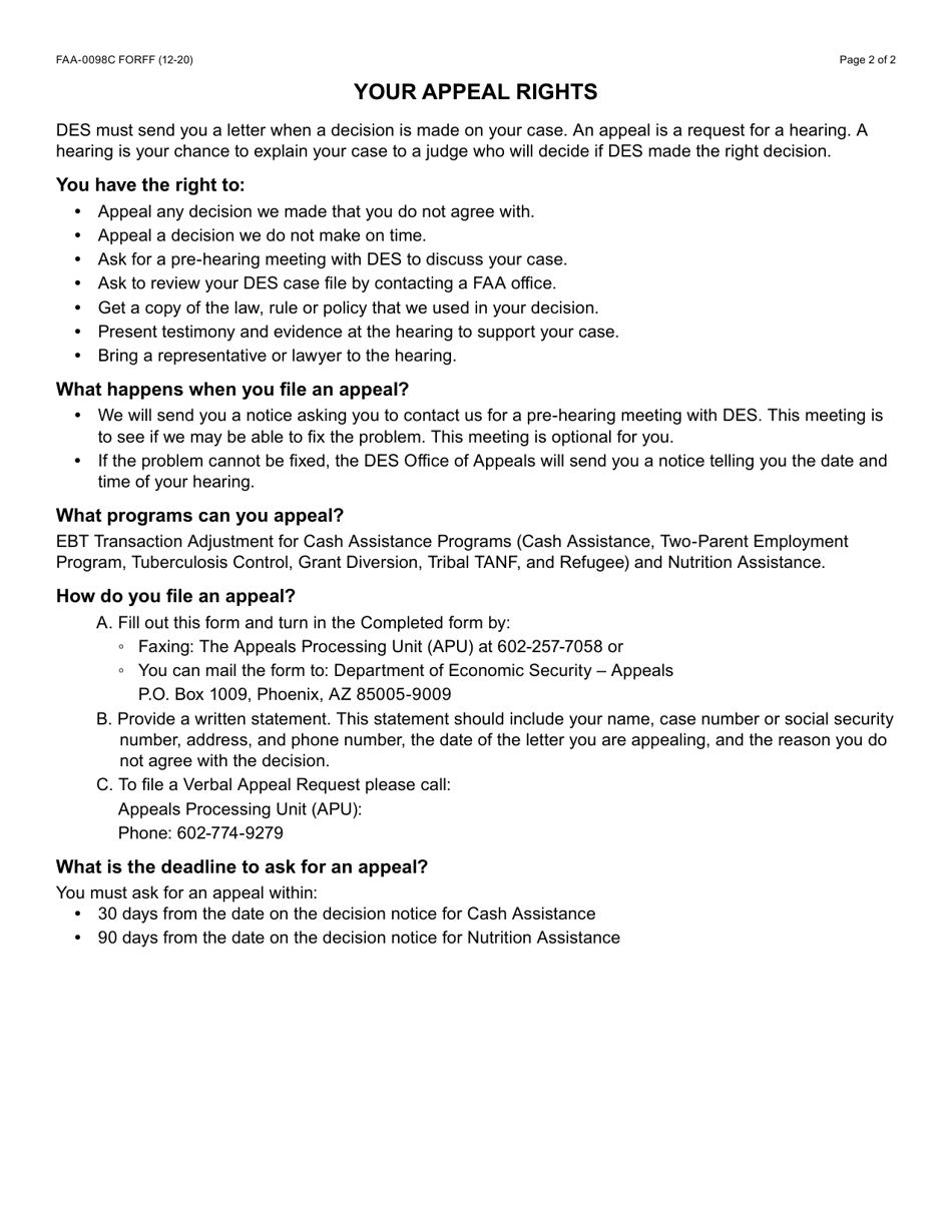 Form FAA-0098C Ebt Transaction Adjustment Hearing Request - Arizona, Page 2
