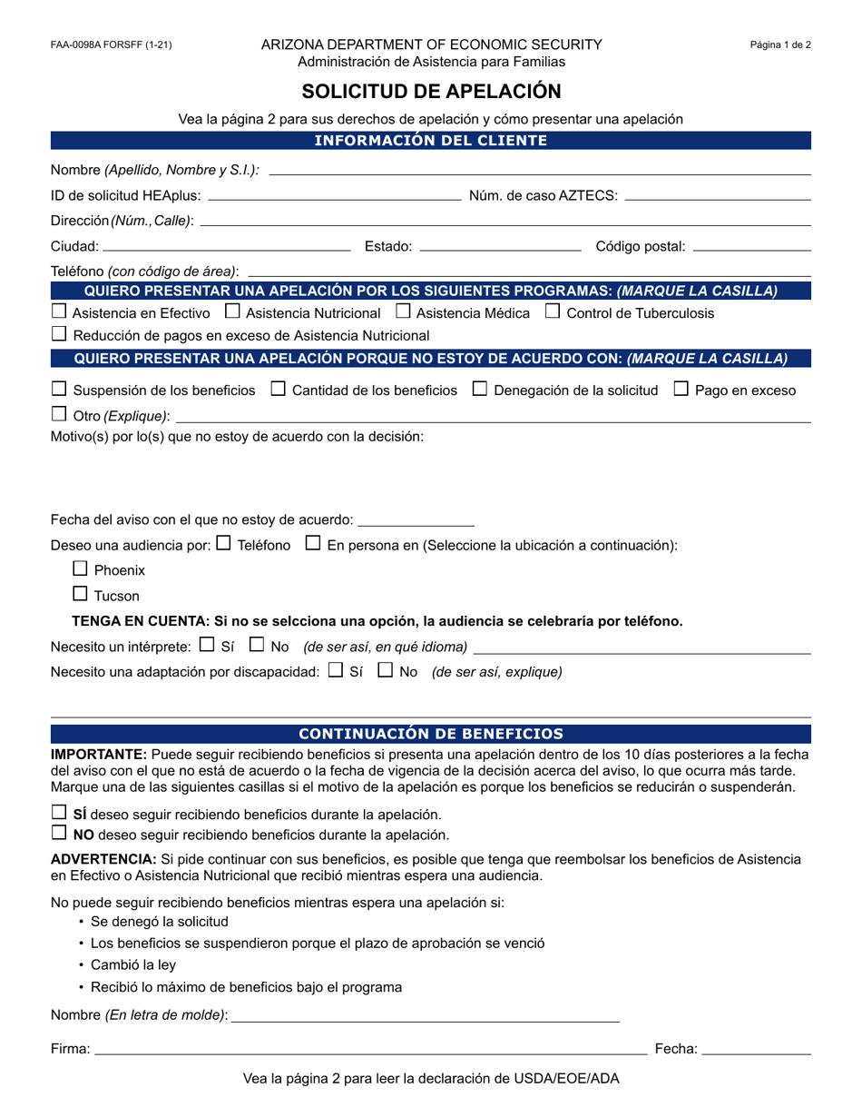 Formulario FAA-0098A Solicitud De Apelacion - Arizona (Spanish), Page 1