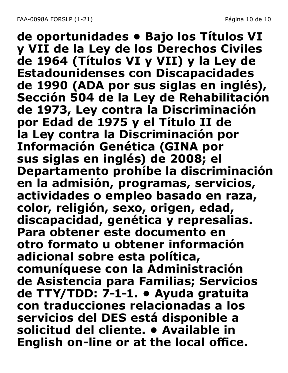 Formulario FAA-0098A-SLP Solicitud De Apelacion (Letra Grande) - Arizona (Spanish), Page 10