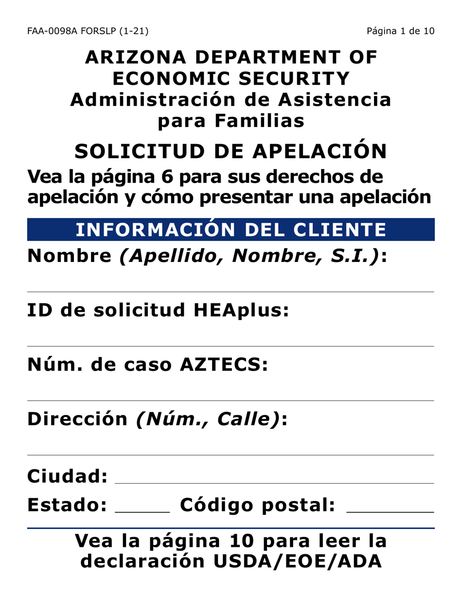 Formulario FAA-0098A-SLP Solicitud De Apelacion (Letra Grande) - Arizona (Spanish), Page 1