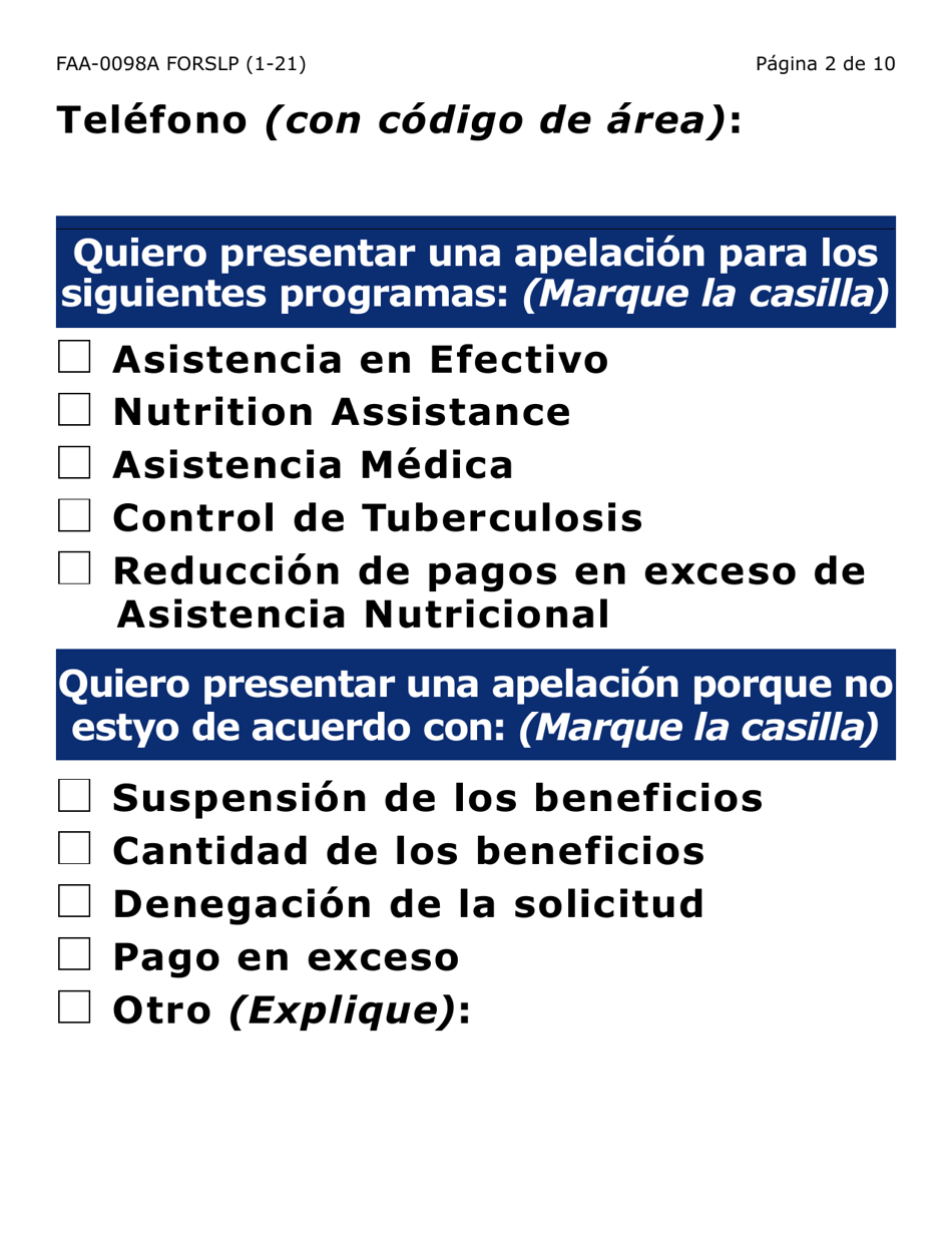 Formulario FAA-0098A-SLP Solicitud De Apelacion (Letra Grande) - Arizona (Spanish), Page 2