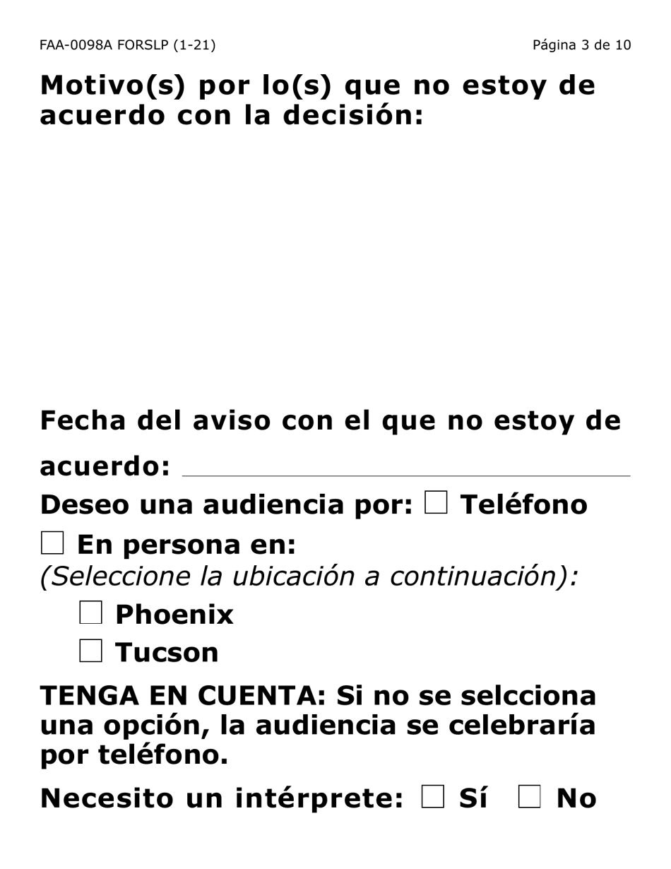 Formulario FAA-0098A-SLP Solicitud De Apelacion (Letra Grande) - Arizona (Spanish), Page 3