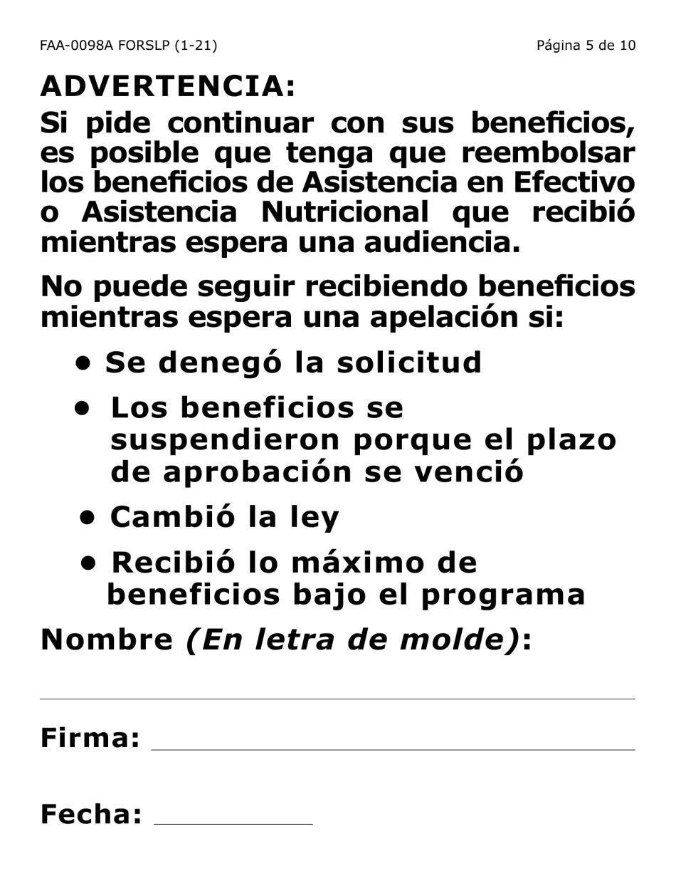 Formulario FAA-0098A-SLP Solicitud De Apelacion (Letra Grande) - Arizona (Spanish), Page 5