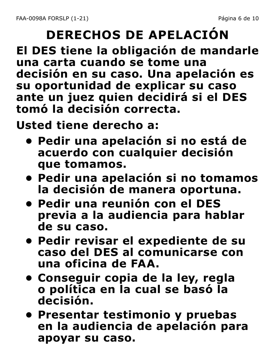 Formulario FAA-0098A-SLP Solicitud De Apelacion (Letra Grande) - Arizona (Spanish), Page 6
