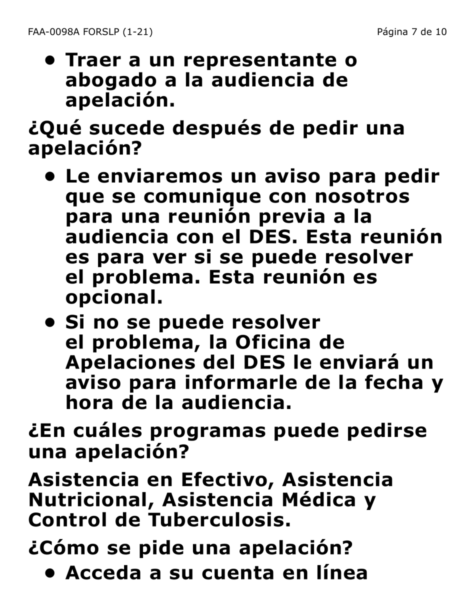 Formulario FAA-0098A-SLP Solicitud De Apelacion (Letra Grande) - Arizona (Spanish), Page 7