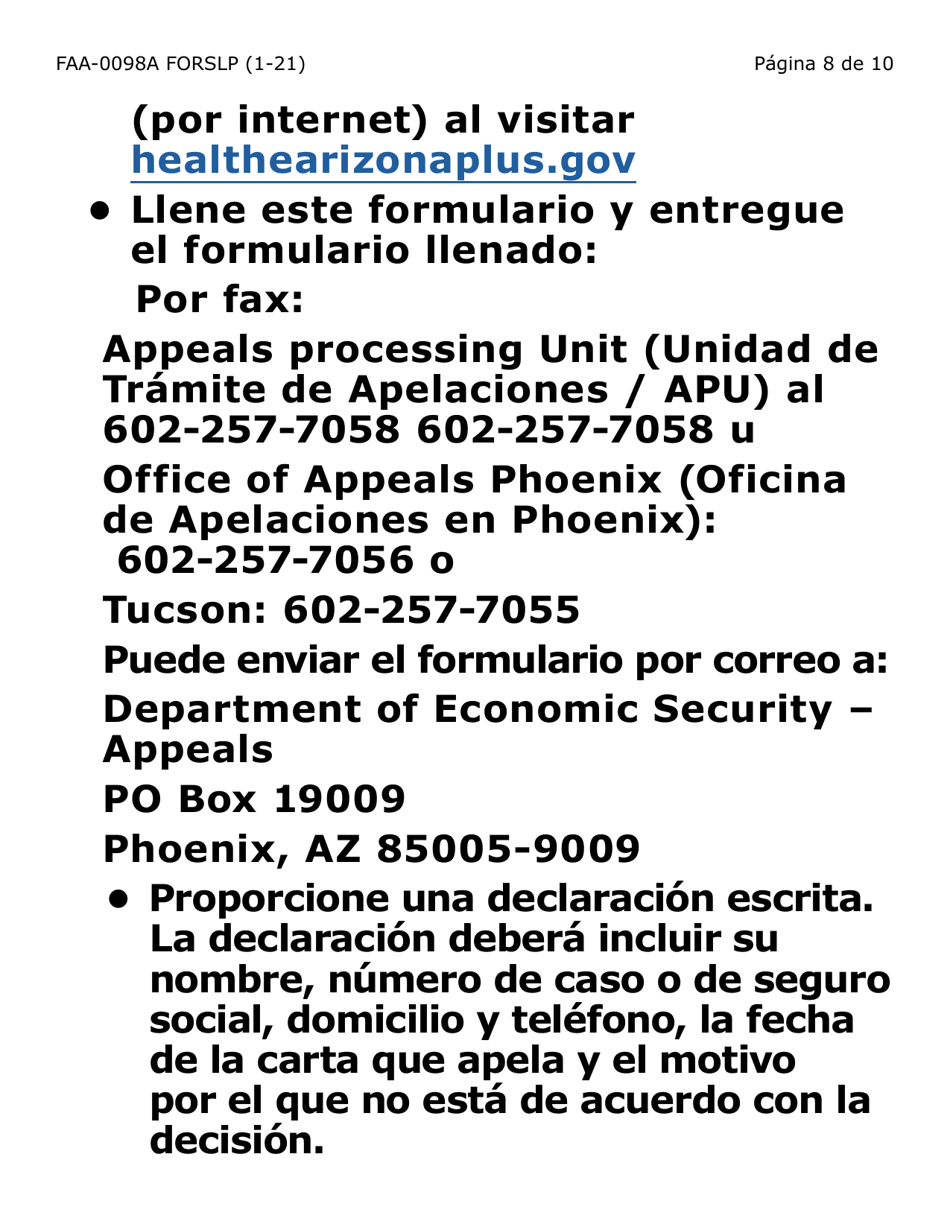 Formulario FAA-0098A-SLP Solicitud De Apelacion (Letra Grande) - Arizona (Spanish), Page 8