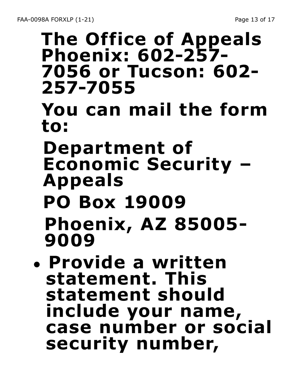Form FAA-0098A-XLP Hearing Request (Extra Large Print) - Arizona, Page 13