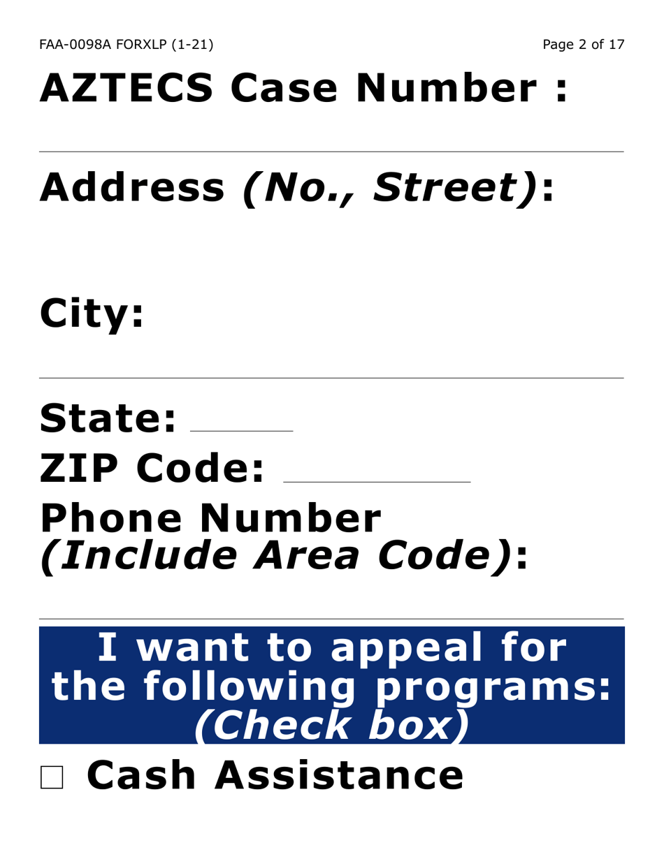 Form FAA-0098A-XLP Hearing Request (Extra Large Print) - Arizona, Page 2