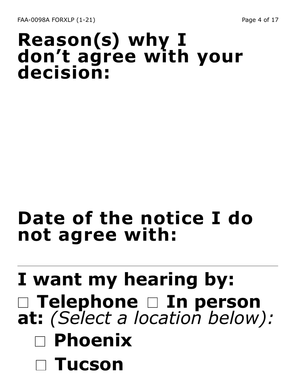 Form FAA-0098A-XLP Hearing Request (Extra Large Print) - Arizona, Page 4