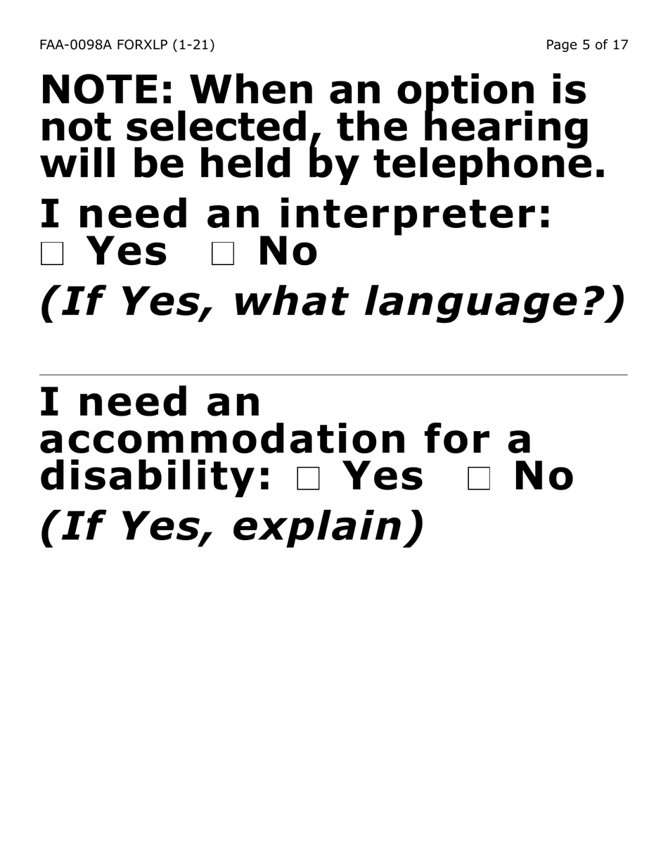 Form FAA-0098A-XLP Hearing Request (Extra Large Print) - Arizona, Page 5