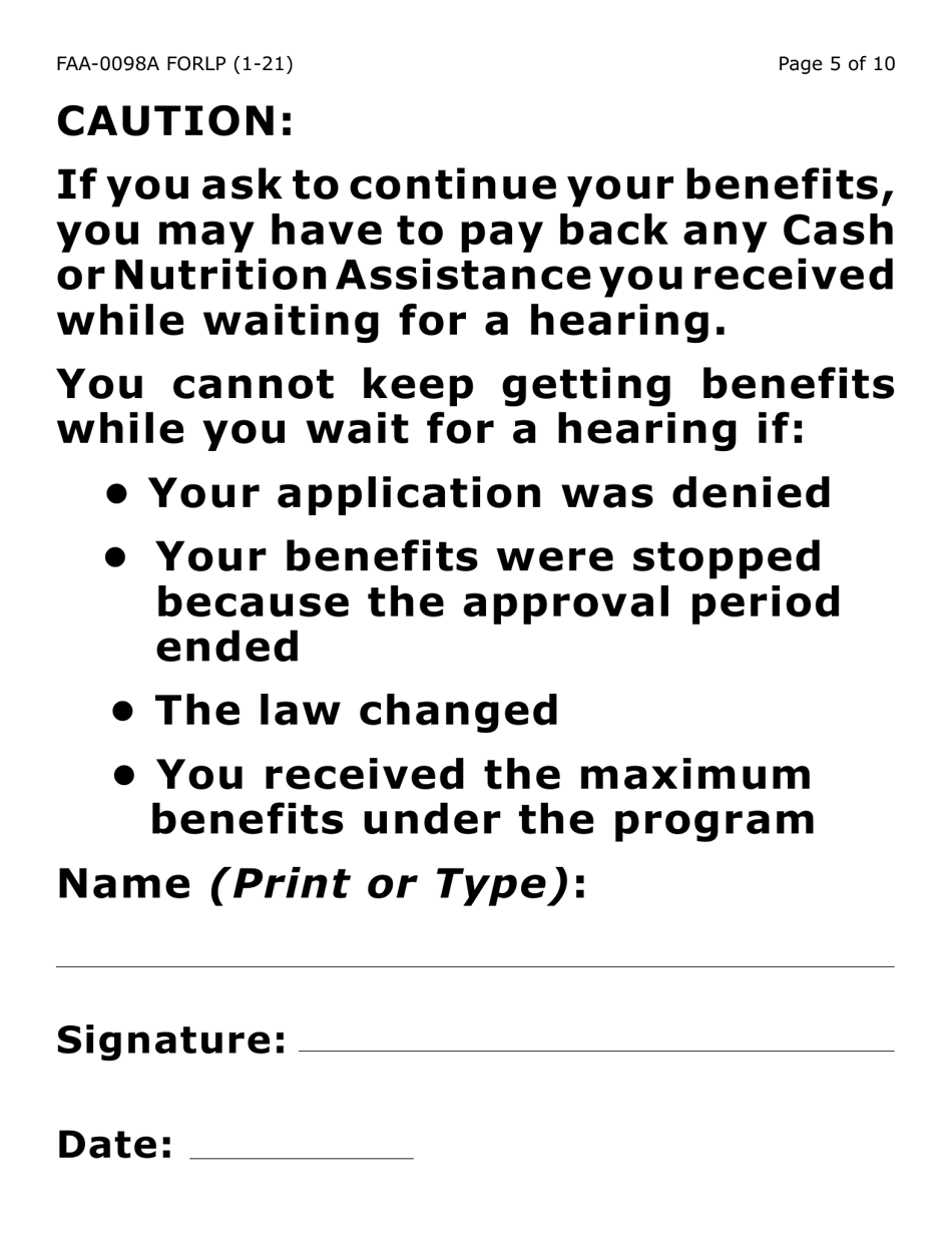 Form FAA-0098A-LP Hearing Request (Large Print) - Arizona, Page 5