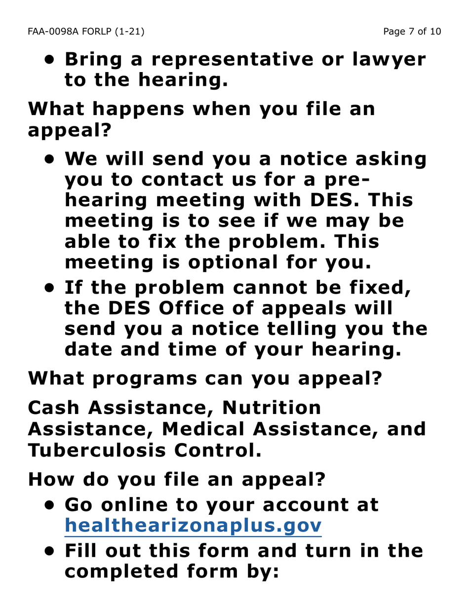 Form FAA-0098A-LP Hearing Request (Large Print) - Arizona, Page 7