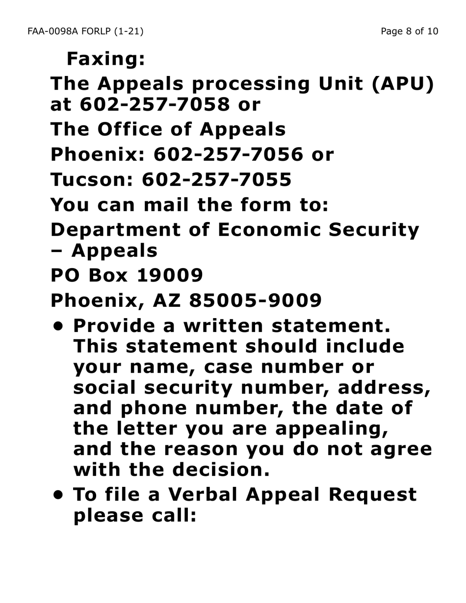 Form FAA-0098A-LP Hearing Request (Large Print) - Arizona, Page 8