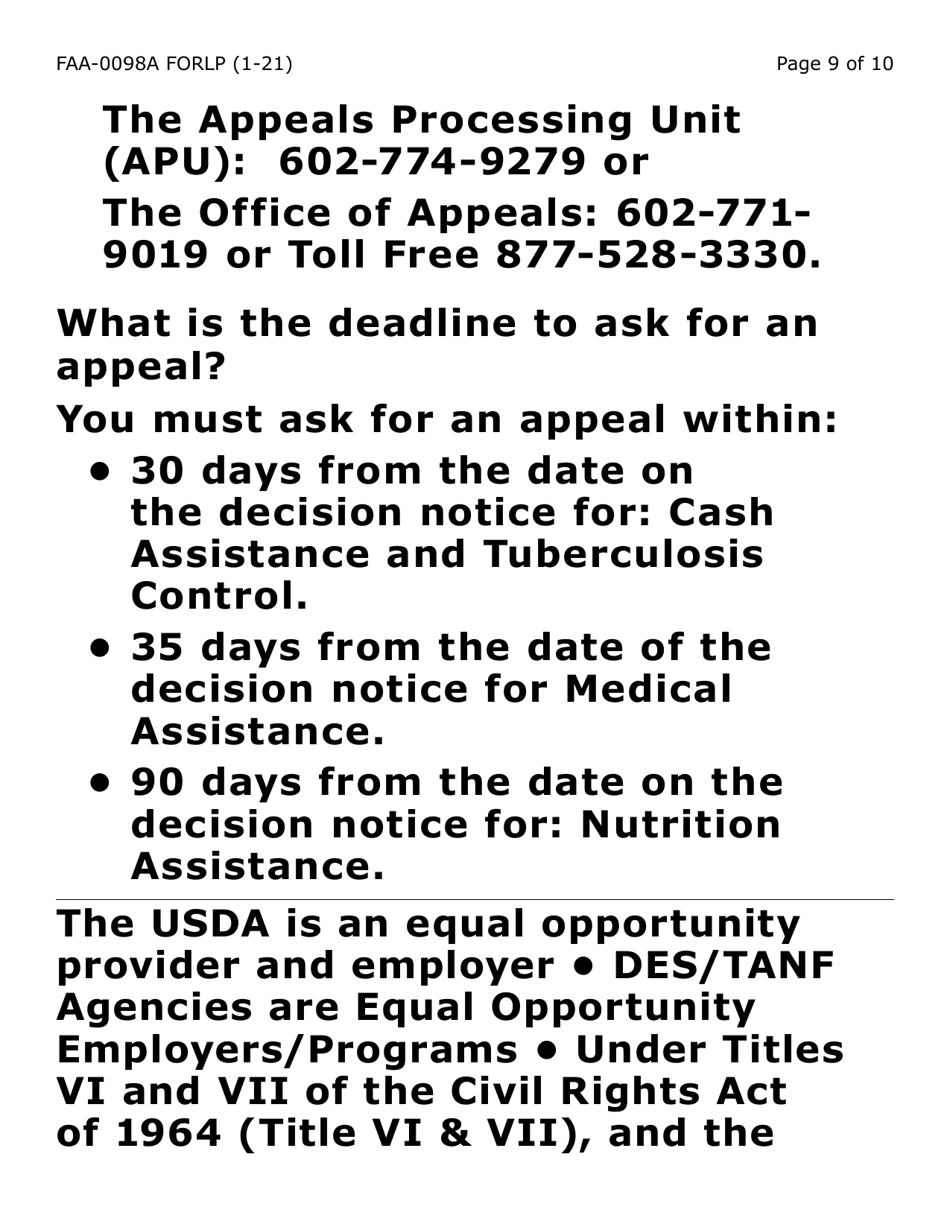 Form FAA-0098A-LP Hearing Request (Large Print) - Arizona, Page 9