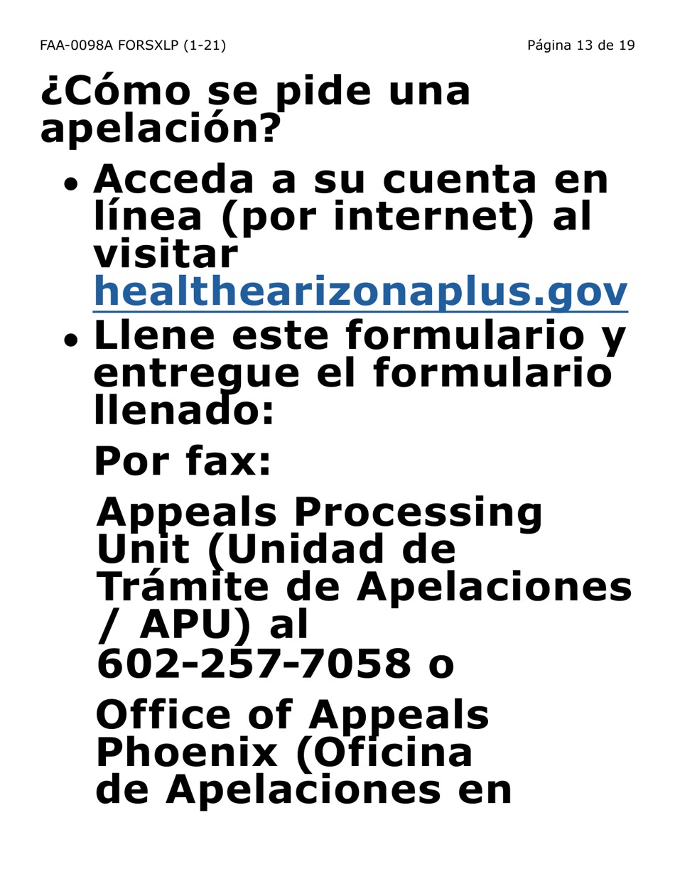 Formulario FAA-0098A-SXLP Solicitud De Apelacion (Letra Extra Grande) - Arizona (Spanish), Page 13
