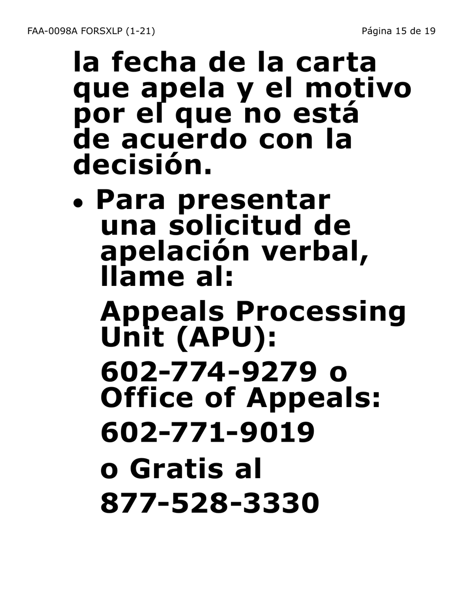 Formulario FAA-0098A-SXLP Solicitud De Apelacion (Letra Extra Grande) - Arizona (Spanish), Page 15