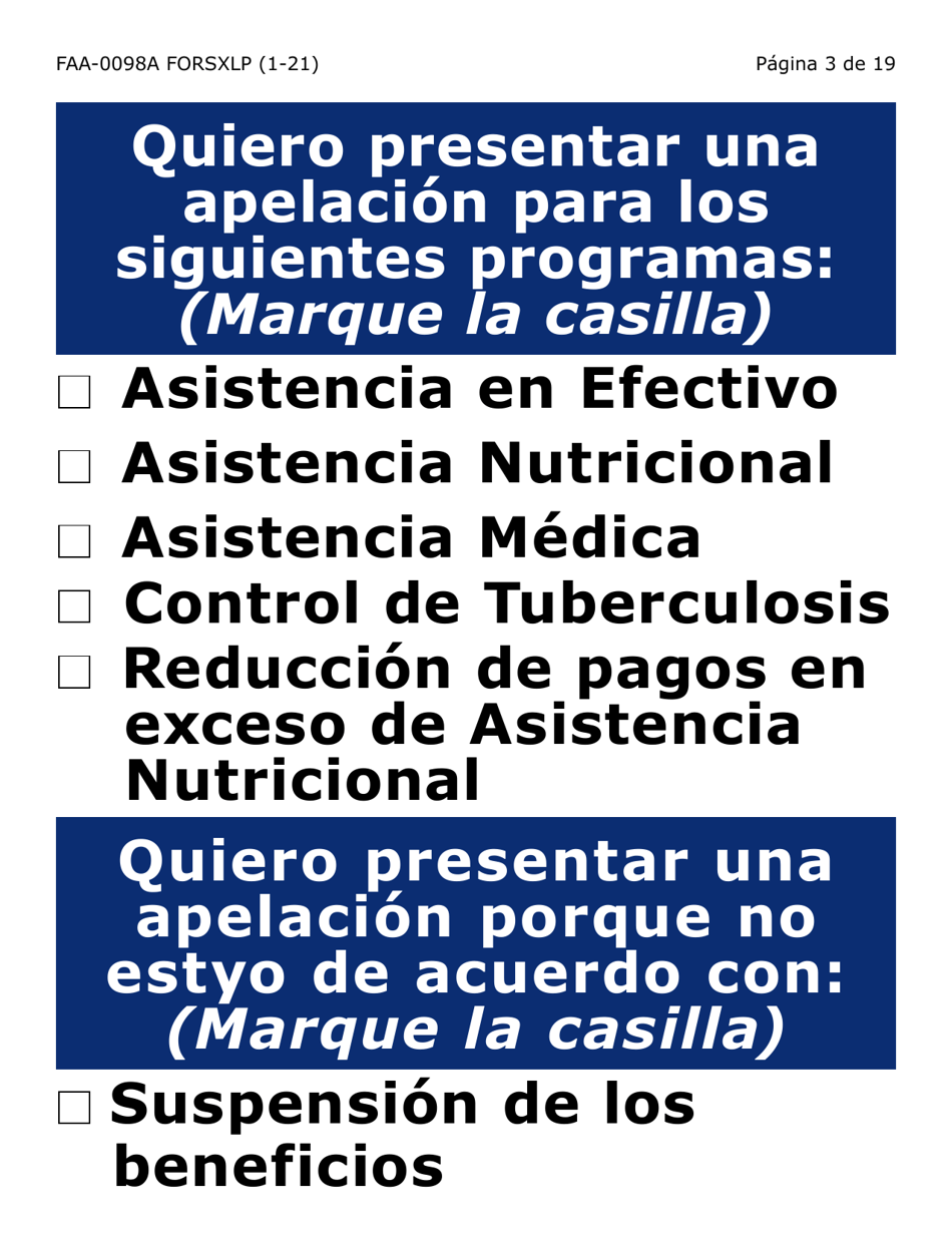 Formulario FAA-0098A-SXLP Solicitud De Apelacion (Letra Extra Grande) - Arizona (Spanish), Page 3