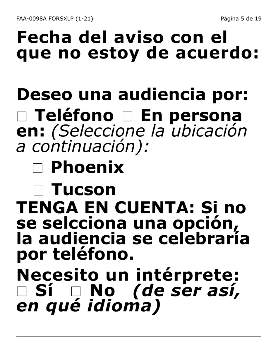 Formulario FAA-0098A-SXLP Solicitud De Apelacion (Letra Extra Grande) - Arizona (Spanish), Page 5