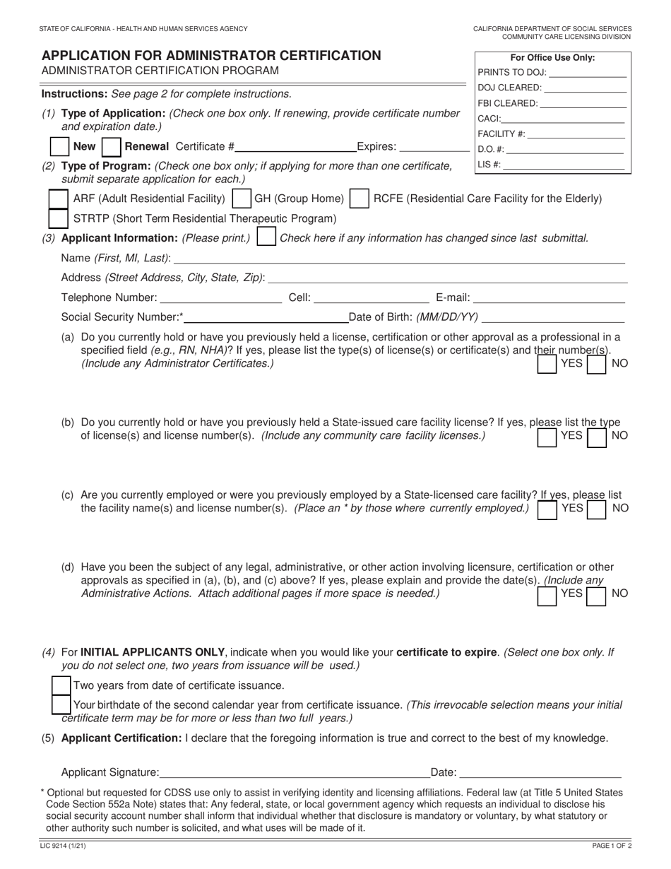 Form LIC9214 Application for Administrator Certification - Administrator Certification Program - California, Page 1
