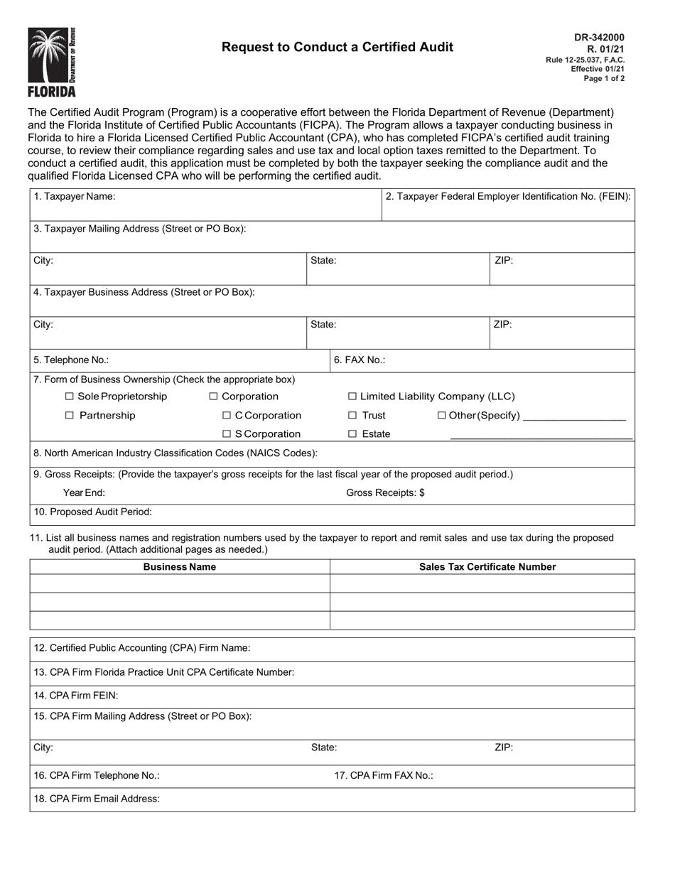Form DR-342000 Request to Conduct a Certified Audit - Florida, Page 1