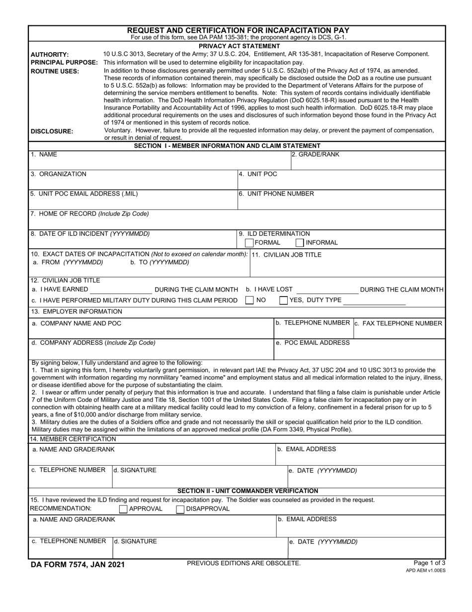 DA Form 7574 Request and Certification for Incapacitation Pay, Page 1
